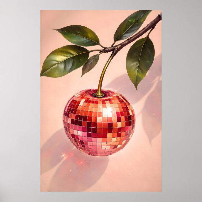 Disco Cherry Poster, Retro Disco Ball Fruit Art Poster (Front)