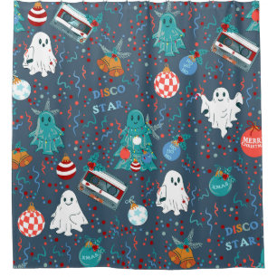 disco christmas music cassette ghost shower curtain
