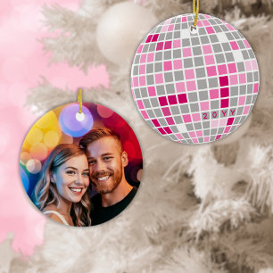 Disco Christmas Pink and Red Disco Ball Photo Ceramic Ornament