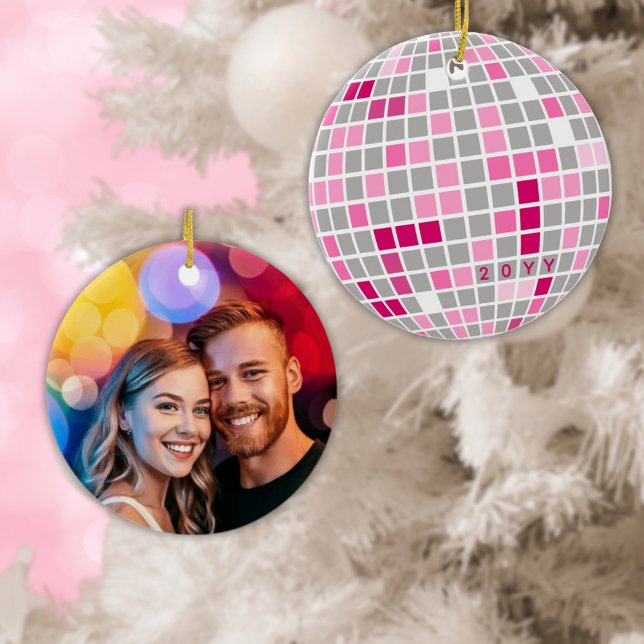 Disco Christmas Pink and Red Disco Ball Photo Ceramic Ornament (A pink and red disco ball ornament customized with the year and your photo)