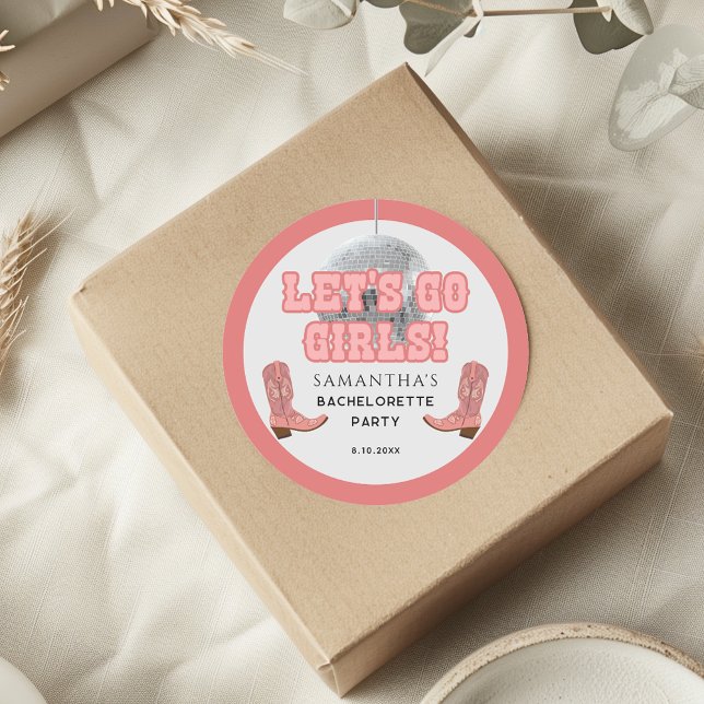 Disco Cowgirl Lets Go Girls Bachelorette Party Classic Round Sticker (Retro Lets Go Girls Bachelorette Classic Round Stickers)