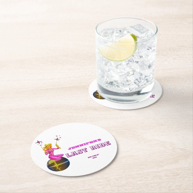 Disco Cowgirl  retro Bachelorette party   Round Paper Coaster (Insitu)