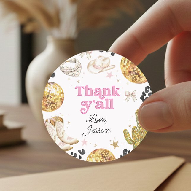 Disco Cowgirl Rodeo Pink Birthday Party Thank You Classic Round Sticker (Creator Uploaded)