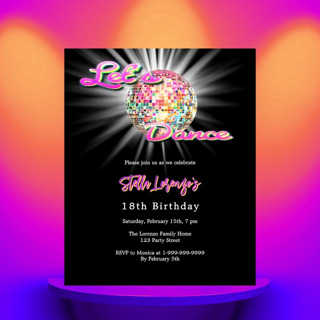 Disco dance party pink black birthday invitation (Creator Uploaded)