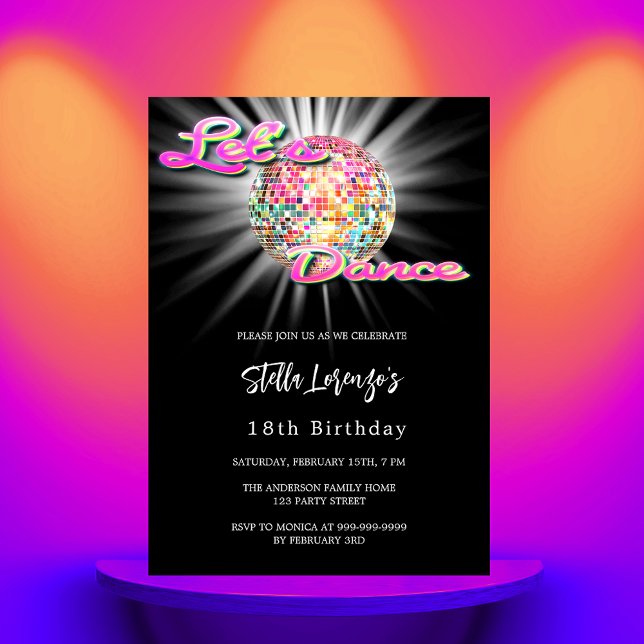 Disco dance party pink black birthday invitation (Creator Uploaded)