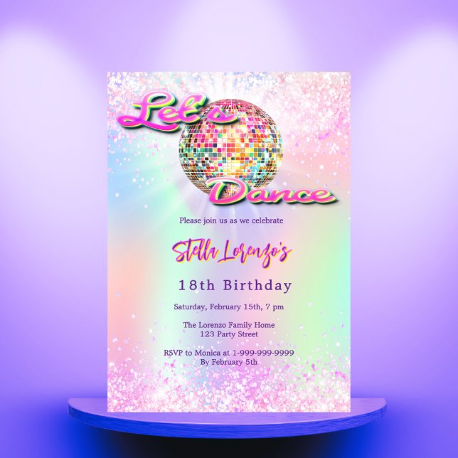 Disco dance party pink holographic birthday invitation (Creator Uploaded)