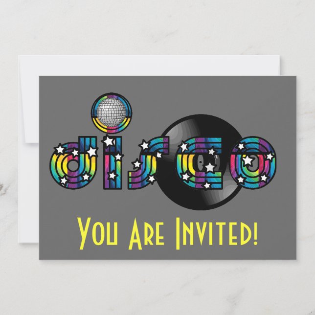 Disco Dancing Mirrored Ball and Vinyl Record Invitation (Front)