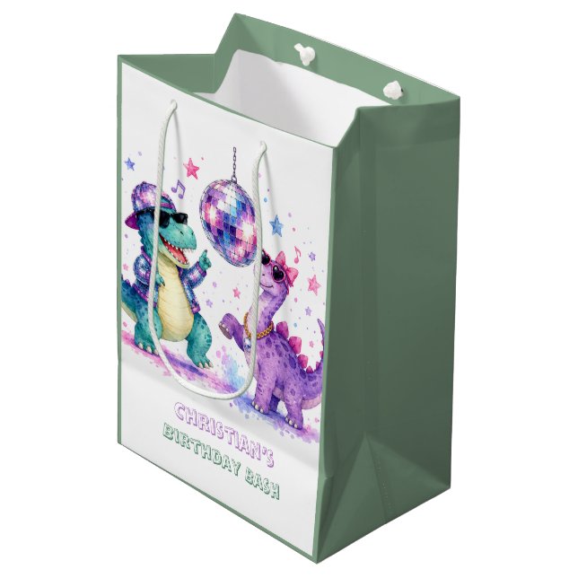 Disco Dinosaur Watercolor Birthday Bash  Medium Gift Bag (Front Angled)