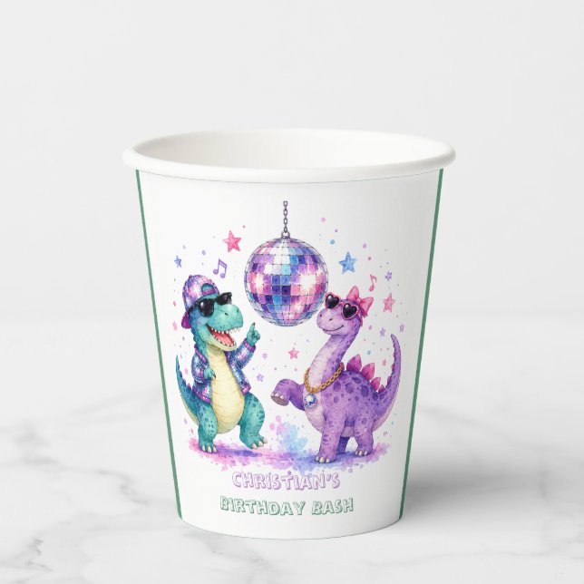 Disco Dinosaur Watercolor Birthday Bash Paper Cups (Front)