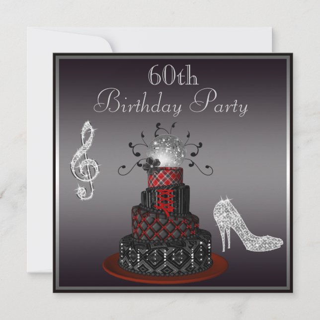 Disco Diva Cake, Silver Heels 60th Birthday Invitation (Front)