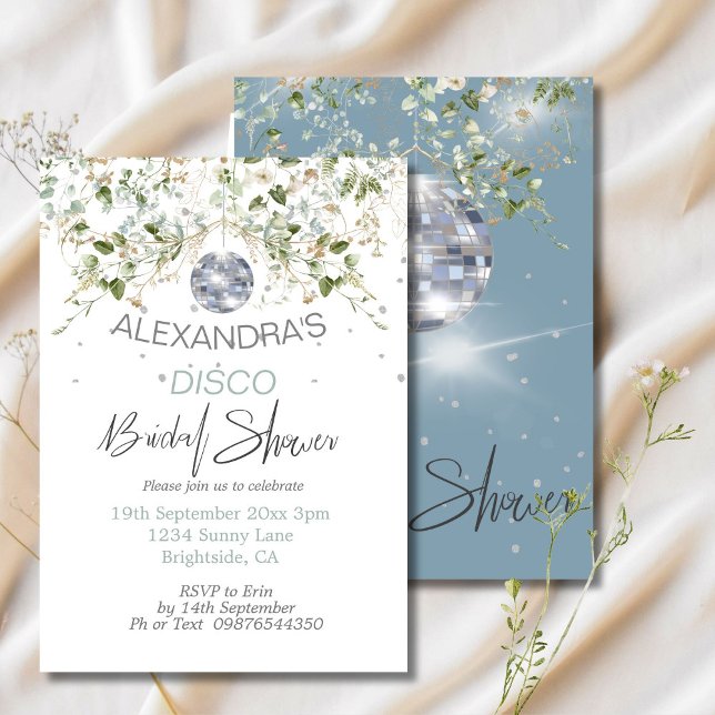 Disco Dusty Blue Floral  Ball Bridal Shower Invitation (Creator Uploaded)