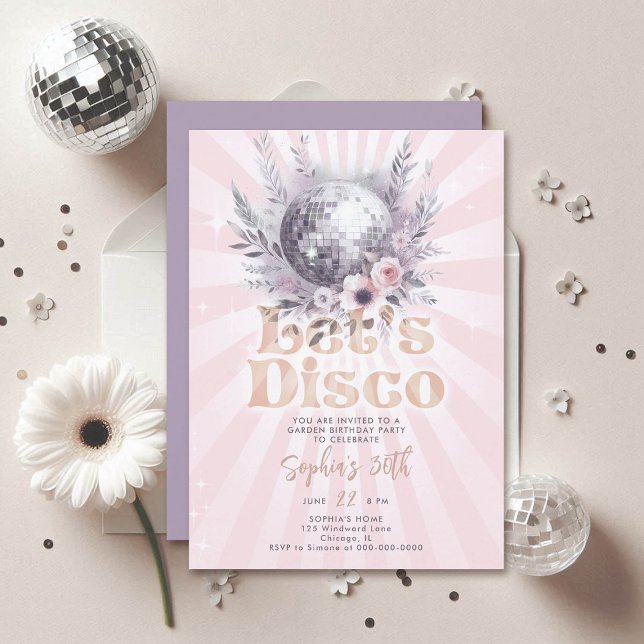 Disco Garden Party 70s Retro Pink 30th Birthday Invitation (disco garden party 30th birthday invitation groovy 70s ball floral roses pink lavender)