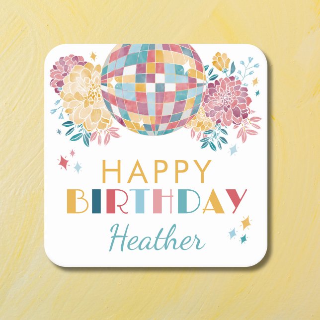 Disco Garden Party 70's Theme Birthday Square Paper Coaster (Creator Uploaded)