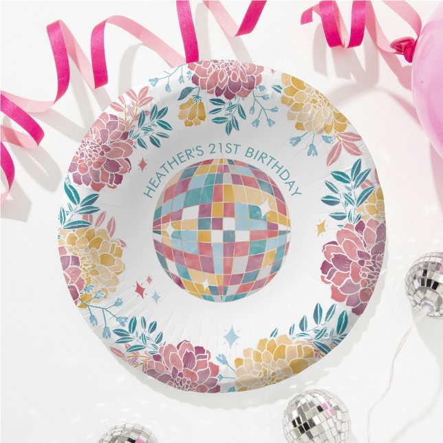 Disco Garden Party Retro Floral Birthday  Paper Plate (Creator Uploaded)