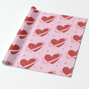 Disco Heart Saturn Ring Retro Space Pink Gift Wrapping Paper