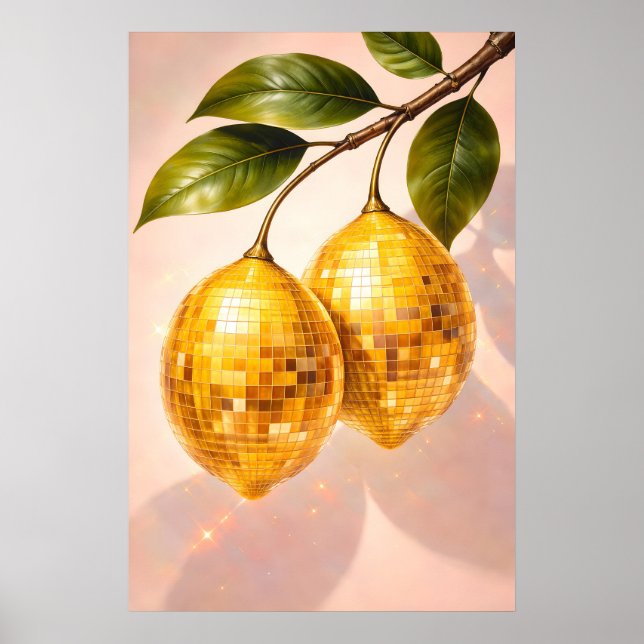 Disco Lemon Poster, Retro Disco Ball Fruit Art Poster (Front)