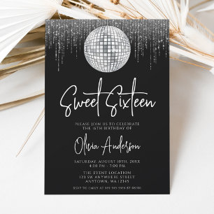Disco Lights Silver Black Sweet 16 Invitation
