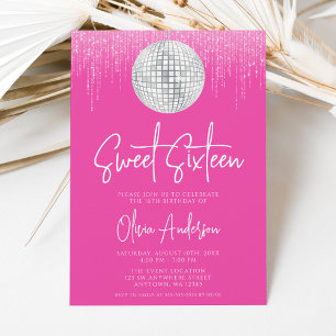 Disco Lights Silver Pink Sweet 16 Invitation