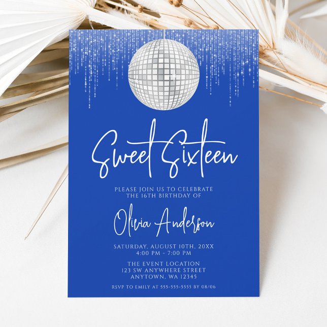 Disco Lights Silver Royal Blue Sweet 16 Invitation (Creator Uploaded)