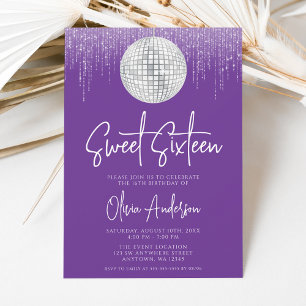 Disco Lights Silver Royal Purple Sweet 16 Invitation