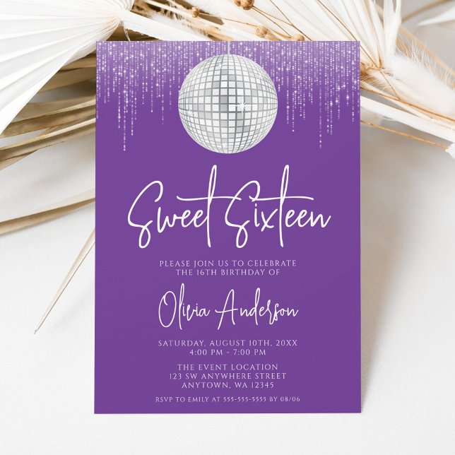 Disco Lights Silver Royal Purple Sweet 16 Invitation (Creator Uploaded)