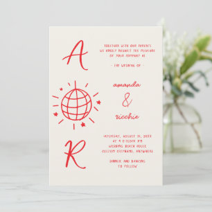 Disco Monogram French Fun Retro Hand drawn Wedding Invitation