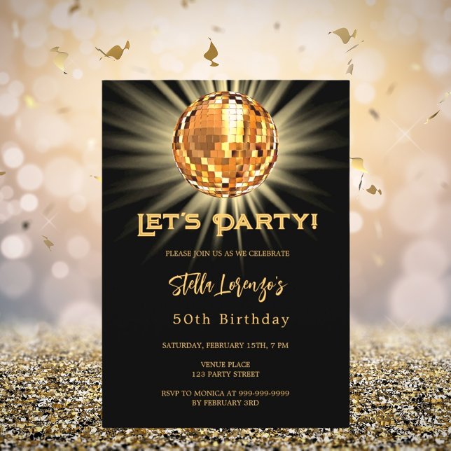 Disco party black gold 50th birthday invitation (Creator Uploaded)