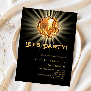 Disco party black gold birthday invitation