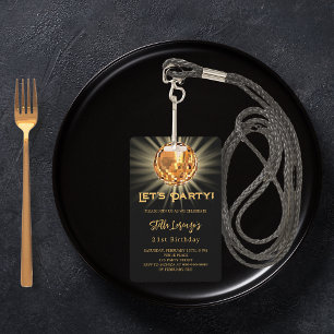 Disco party black gold birthday invitation ID badge