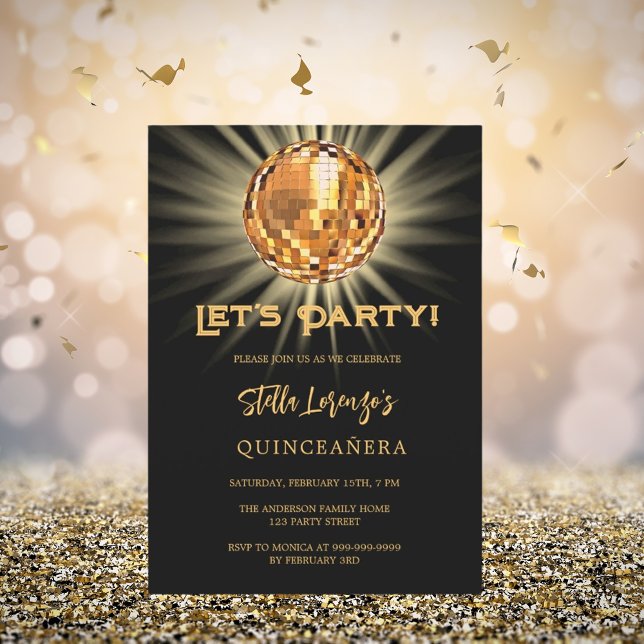 Disco party black gold Quinceanera Invitation (Creator Uploaded)