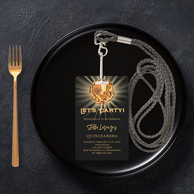 Disco party black gold Quinceanera invitation ID Badge (Creator Uploaded)