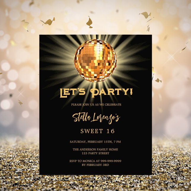Disco party black gold Sweet 16 budget invitation (Creator Uploaded)