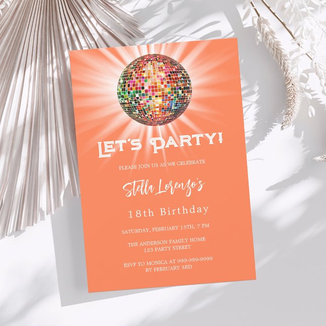Disco party coral orange birthday invitation (Creator Uploaded)