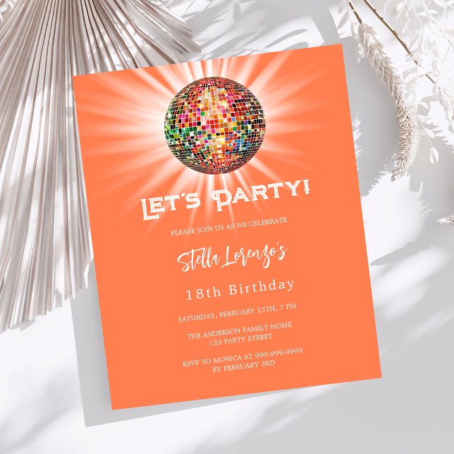 Disco party coral orange birthday invitation (Creator Uploaded)