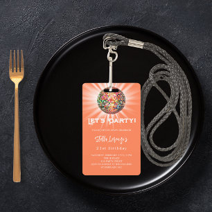 Disco party coral orange birthday invitation ID badge