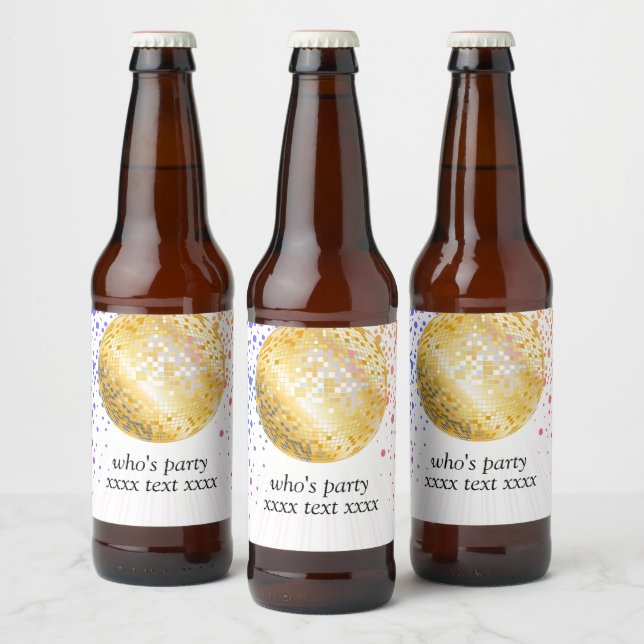 disco party dance party 70s gold disco ball beer bottle label (Bottles)