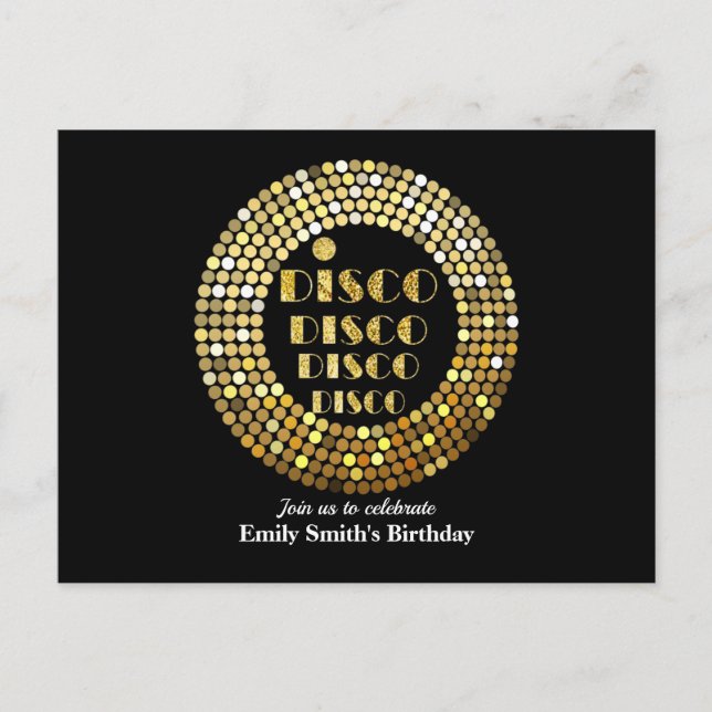 disco party dance party 70s gold disco ball invita invitation postcard (Front)