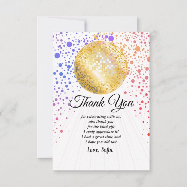 disco party dance party 70s gold disco ball thank you card (Front)