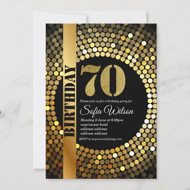 Disco party, gold, 70s, birthday party invitation (Front)