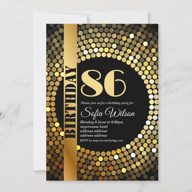 Disco party, gold, any age, birthday party invitation (Front)