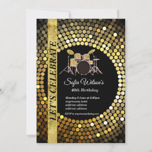 Disco party, gold, music, birthday party invitation