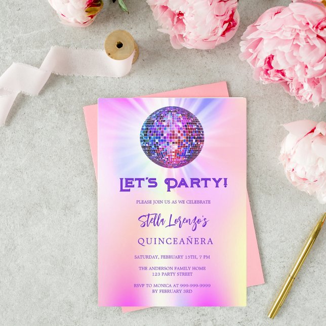 Disco party holographic Quinceanera Invitation (Creator Uploaded)