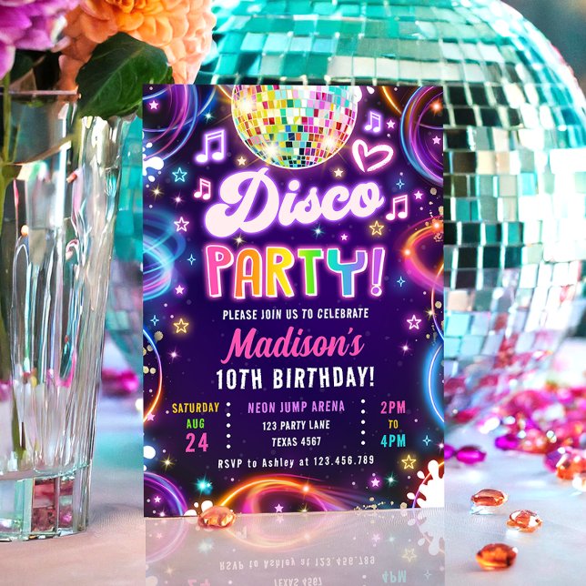 Disco Party Let's Glow Neon Glow Girl Birthday Invitation (Creator Uploaded)