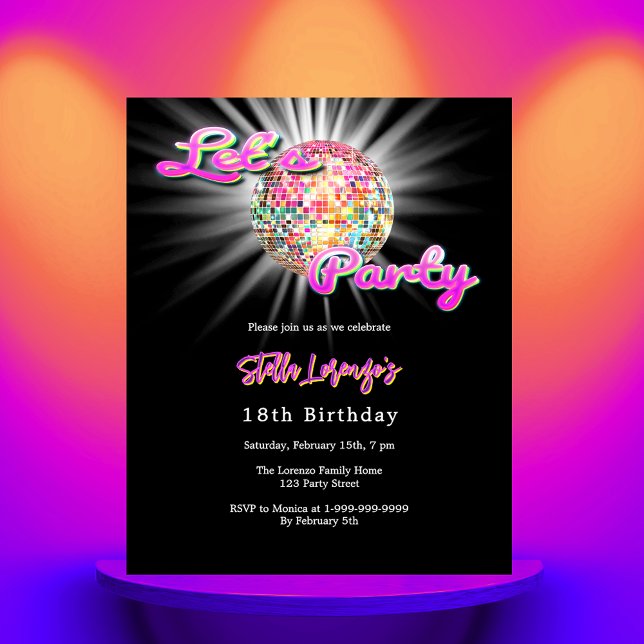 Disco party pink black birthday invitation (Creator Uploaded)