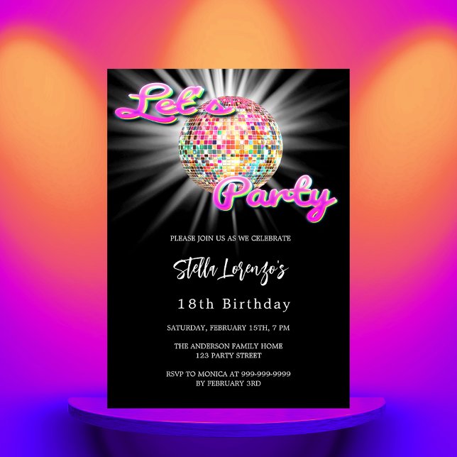 Disco party pink black birthday invitation (Creator Uploaded)