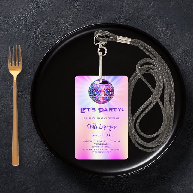 Disco party pink holographic Sweet 16 invitation ID Badge (Creator Uploaded)
