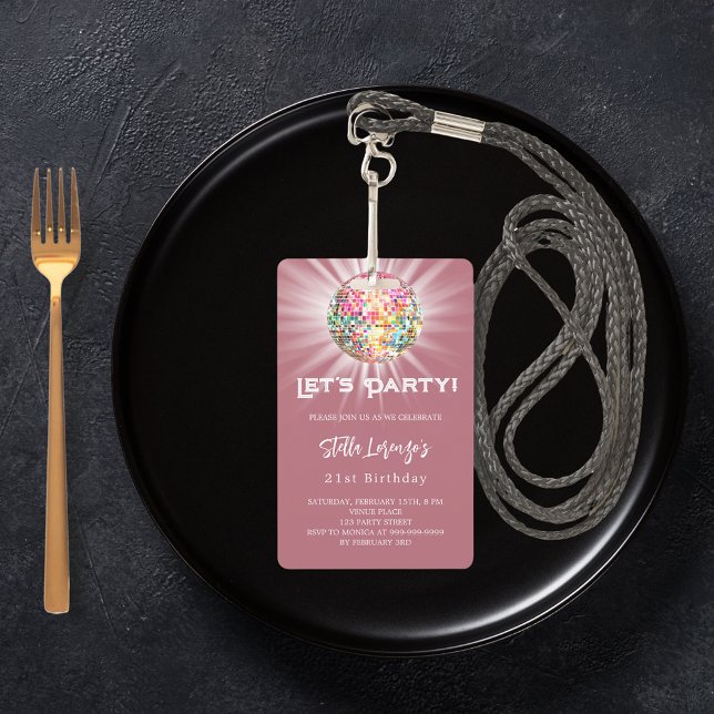 Disco party rose gold birthday invitation ID badge (Creator Uploaded)