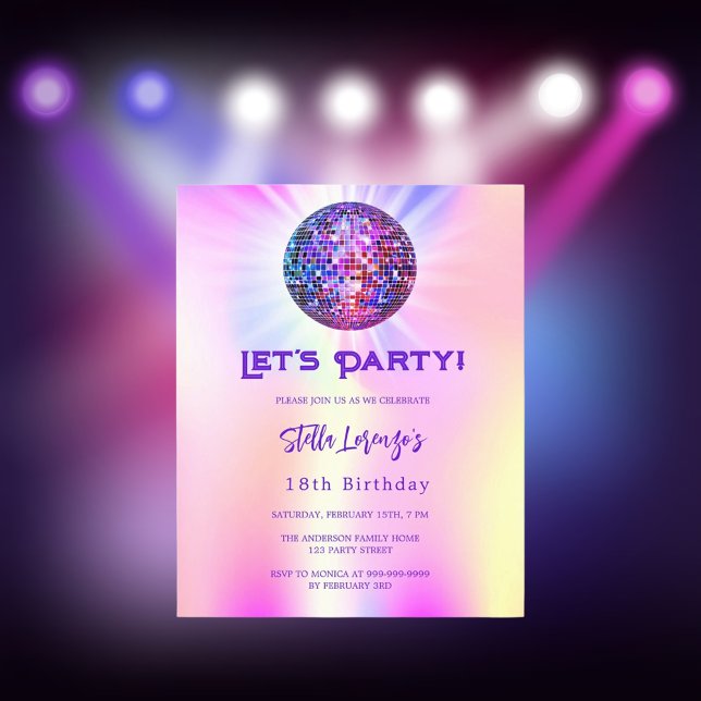 Disco pink holographic budget birthday invitation (Creator Uploaded)