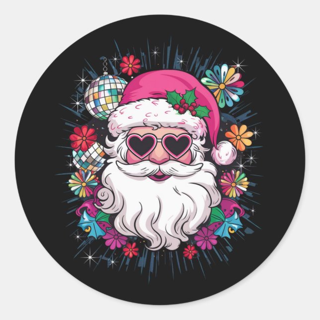 Disco Pink Santa Christmas Funny Xmas Party  Classic Round Sticker (Front)