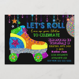 Disco Roller Skate Party, Skating, glitter Invitation